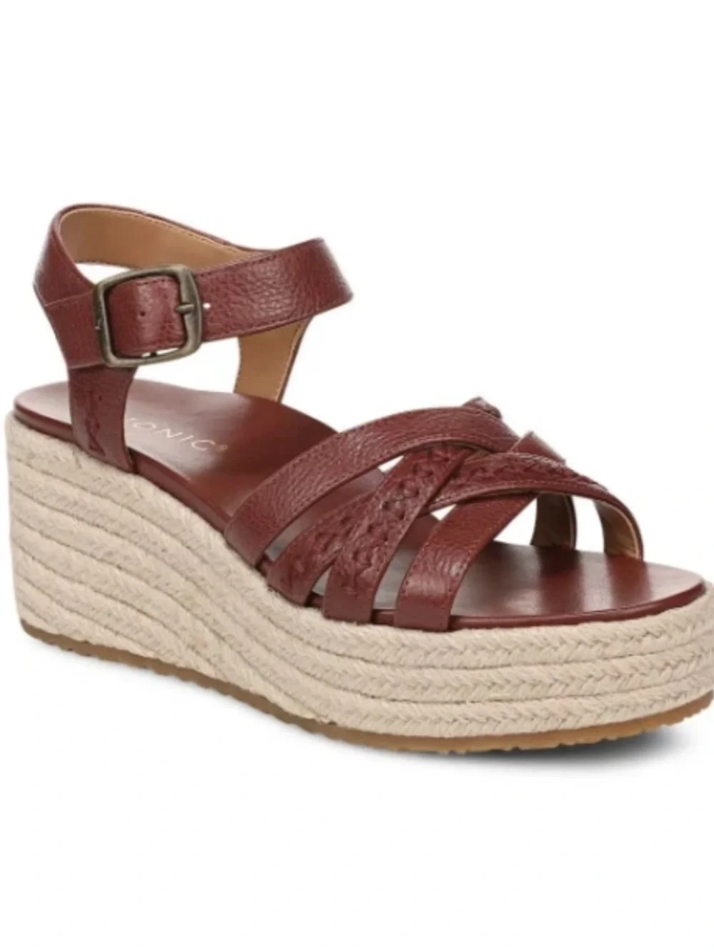 Vionic Braided Leather Espadrille Wedge Sandals - Burgundy